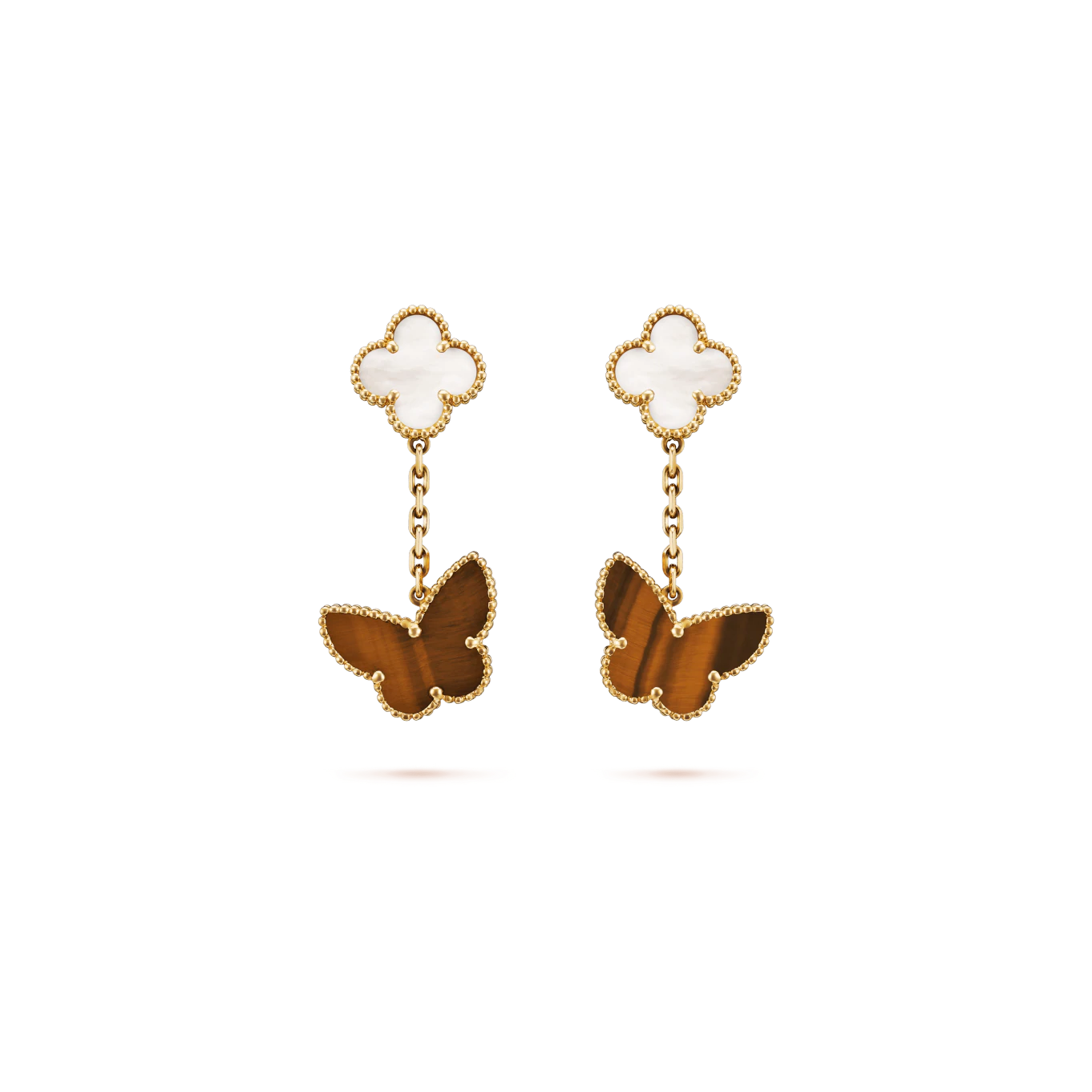 Lucky Alhambra earrings, 2 motifs Yellow gold, Mother-of-pearl, Tiger Eye