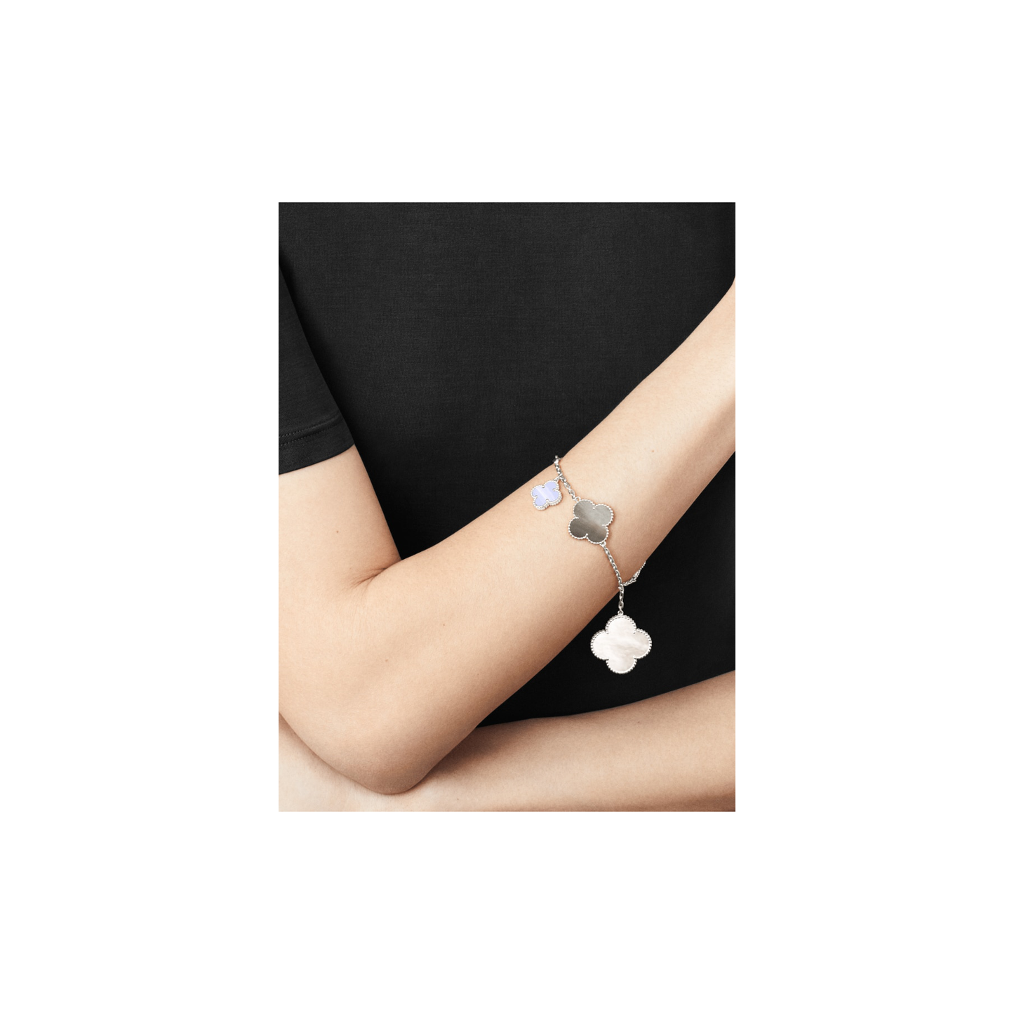 Magic Alhambra bracelet, 5 motifs White gold, Chalcedony, Mother-of-pearl