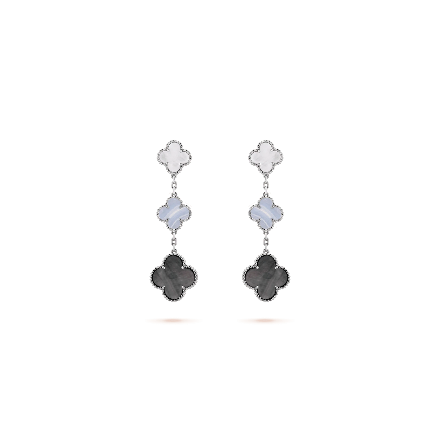 Magic Alhambra earrings, 3 motifs White gold, Chalcedony, Mother-of-pearl