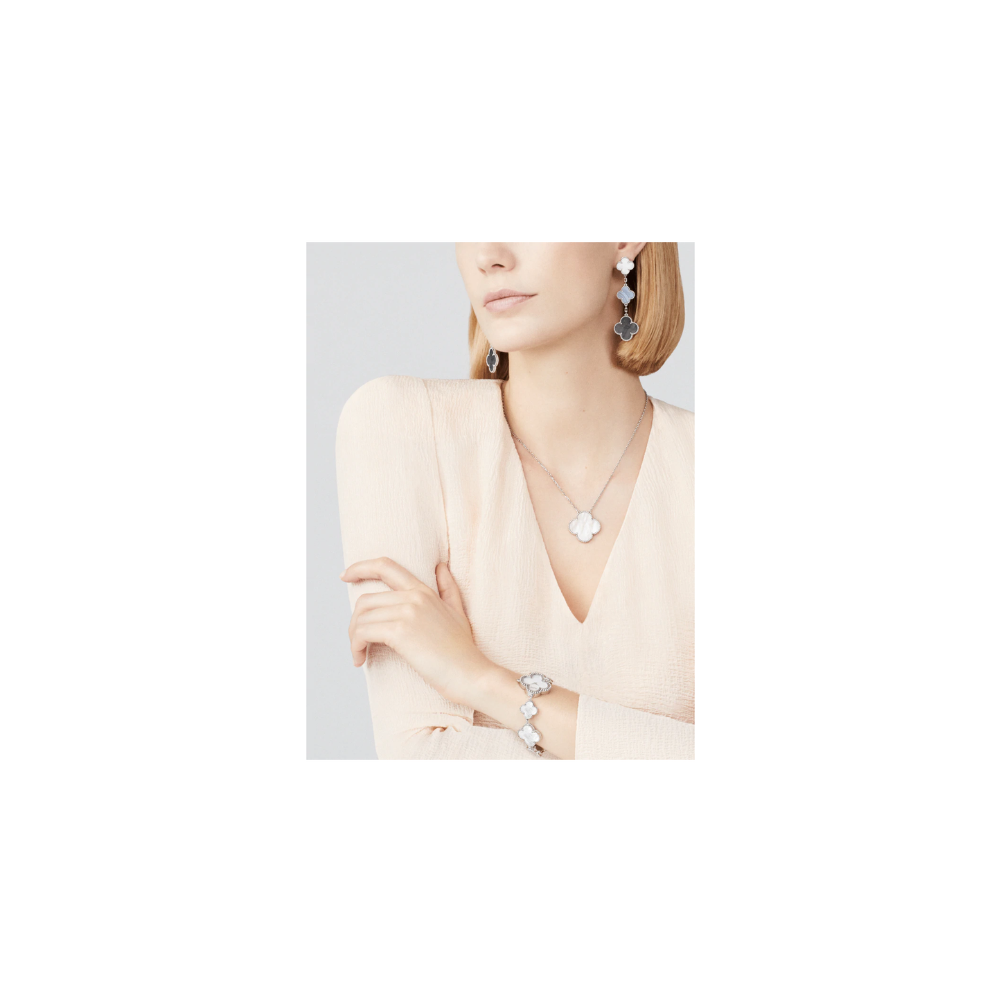 Magic Alhambra earrings, 3 motifs White gold, Chalcedony, Mother-of-pearl