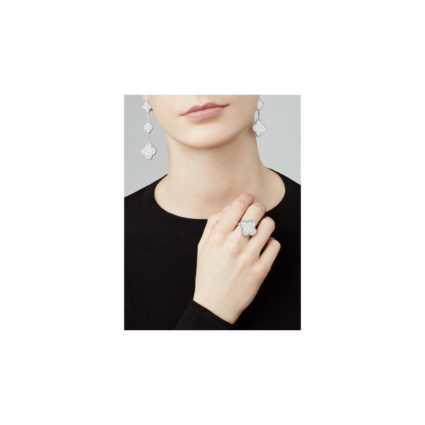 Magic Alhambra earrings, 3 motifs White gold, Diamond