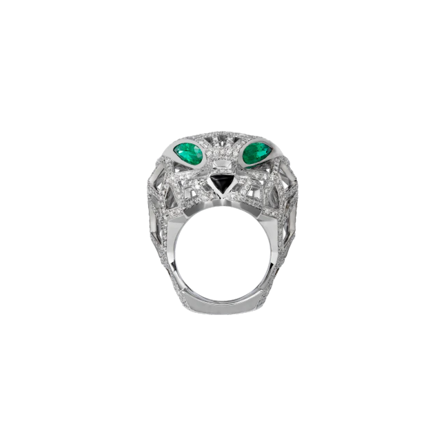 PANTHÈRE DE CARTIER RING WHITE GOLD, EMERALDS, ONYX, DIAMONDS