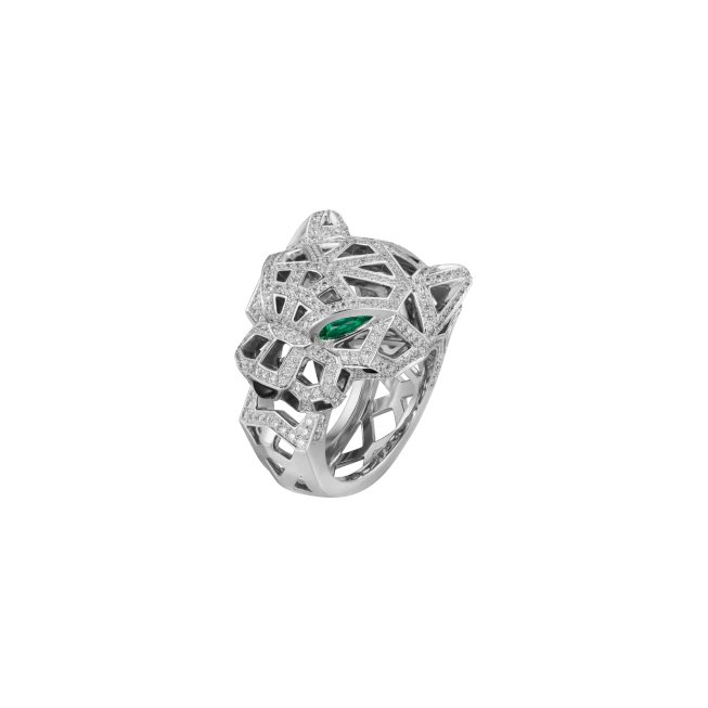 PANTHÈRE DE CARTIER RING WHITE GOLD, ONYX, EMERALDS, DIAMONDS