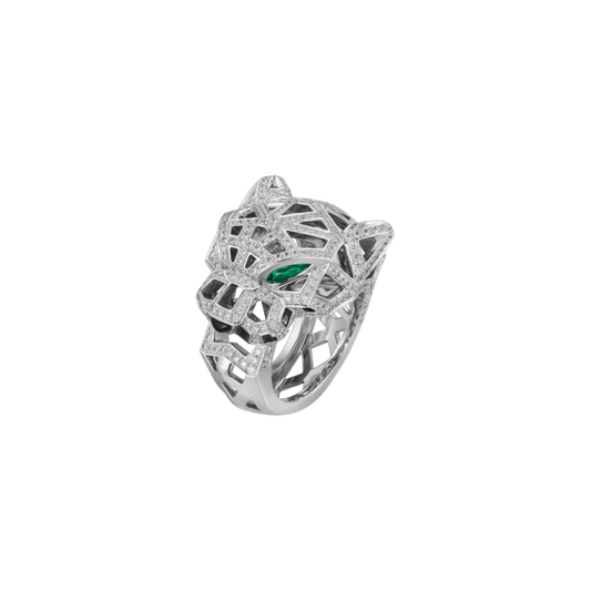 PANTHÈRE DE CARTIER RING WHITE GOLD, ONYX, EMERALDS, DIAMONDS