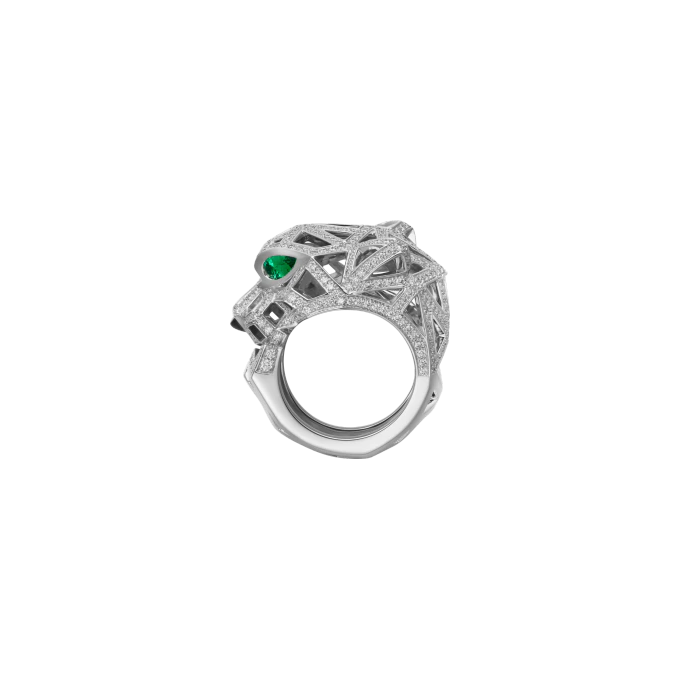 PANTHÈRE DE CARTIER RING WHITE GOLD, ONYX, EMERALDS, DIAMONDS