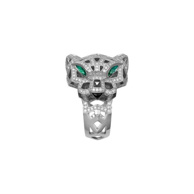 PANTHÈRE DE CARTIER RING WHITE GOLD, ONYX, EMERALDS, DIAMONDS