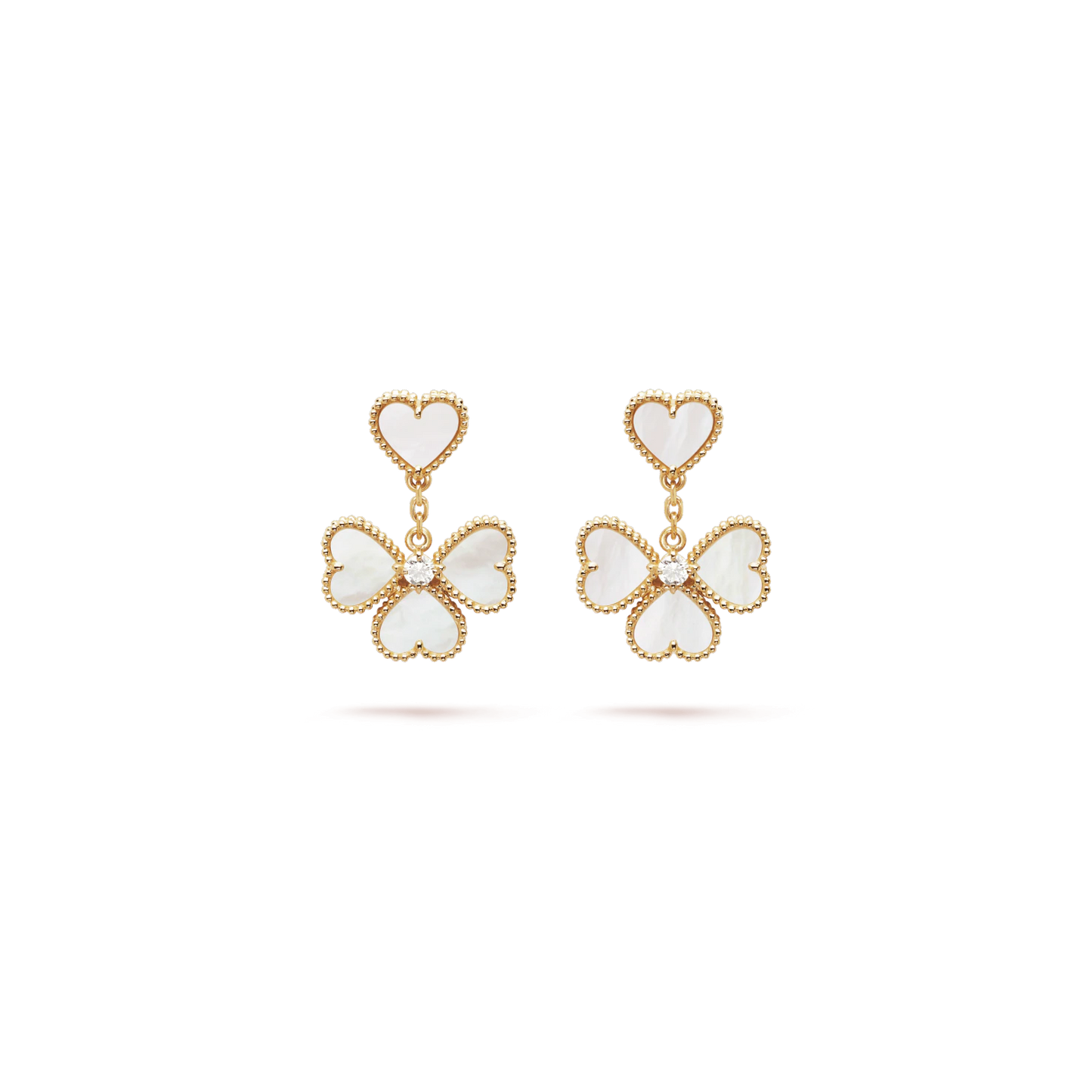 Sweet Alhambra effeuillage earrings Yellow gold, Diamond, Mother-of-pearl