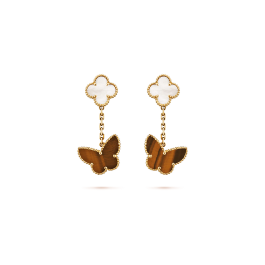 Lucky Alhambra earrings, 2 motifs Yellow gold, Mother-of-pearl, Tiger Eye