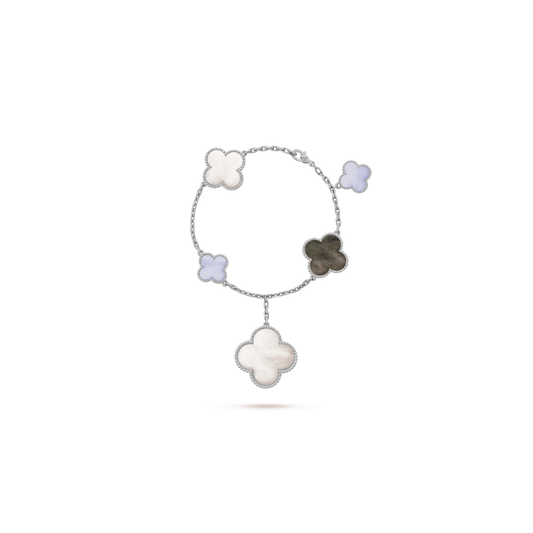 Magic Alhambra bracelet, 5 motifs White gold, Chalcedony, Mother-of-pearl