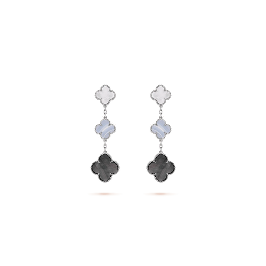 Magic Alhambra earrings, 3 motifs White gold, Chalcedony, Mother-of-pearl